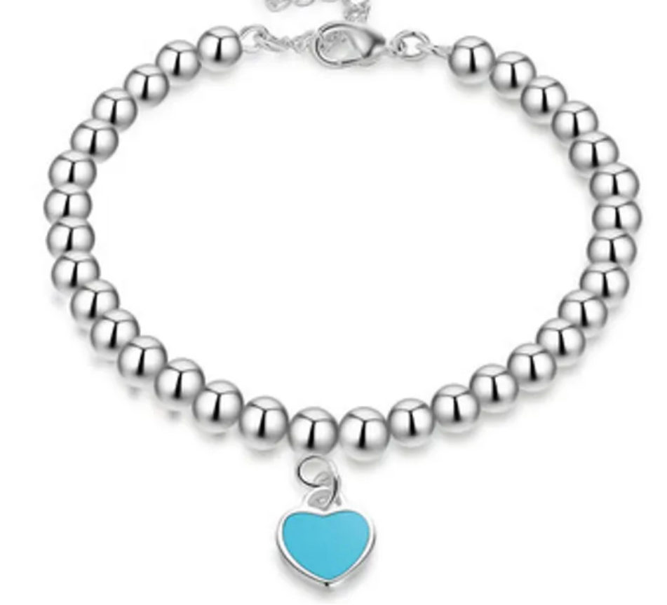 Tiffany Blue Heart charm beaded bracelet