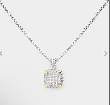 Two Tone CZ pave stone pendant Necklace