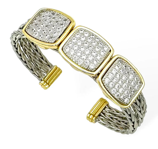 Cz stone paved triple square, w/ braided cuff