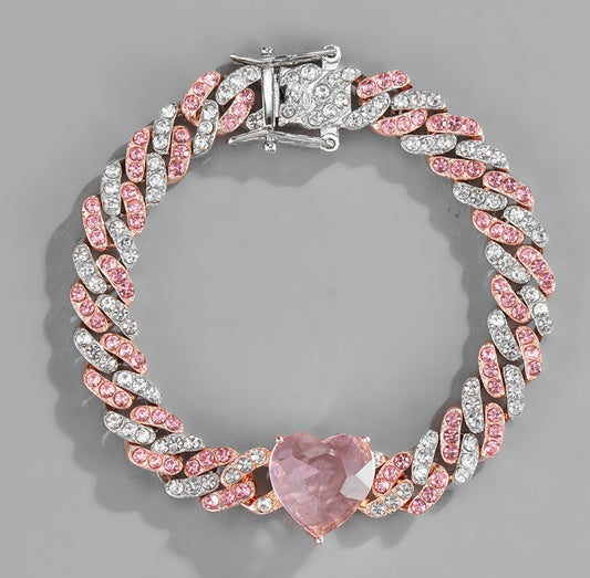 Pink Cuban Link Heart Bracelet